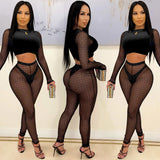 Party Pants Suits Women's Clothing Sexy Color Block Long Sleeve Short Top Mesh