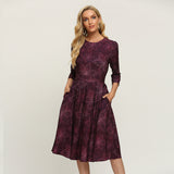 Mauve Dress Spring and Summer Dress Vintage Printed Round Neck Slim Fit Formal Mid-Length Dress