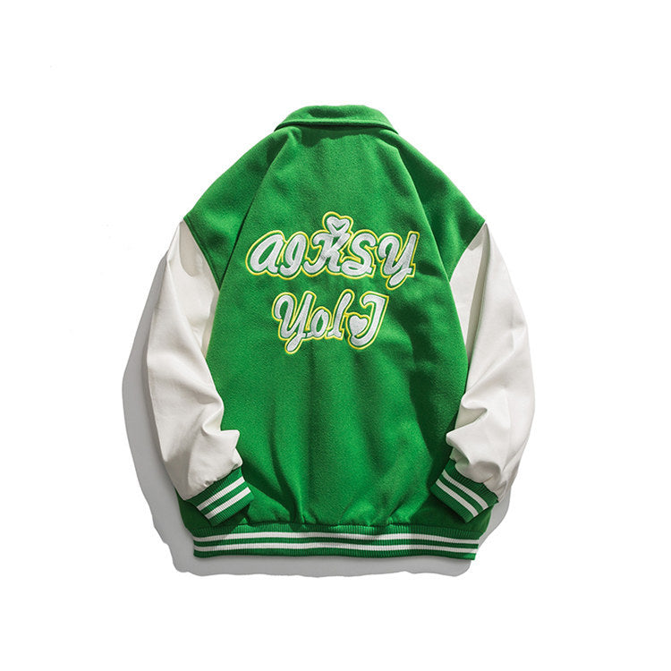 Varsity Jacket Vintage Autumn Coat Campus Fresh Artistic Style Color Contrast Patchwork Three-Color Baseball Uniform for Men