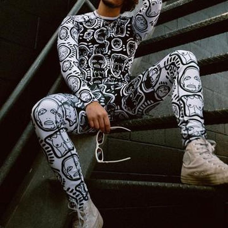 Rave Outfits Mens Shorts 2 Piece Set Long Sleeve Stretch-Fit T-shirt Sexy Print Casual