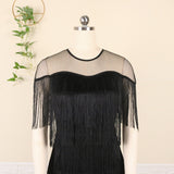 Nina Parker Black Dress Stitching Multi-Layer Tassel High Waist Sheath Dress