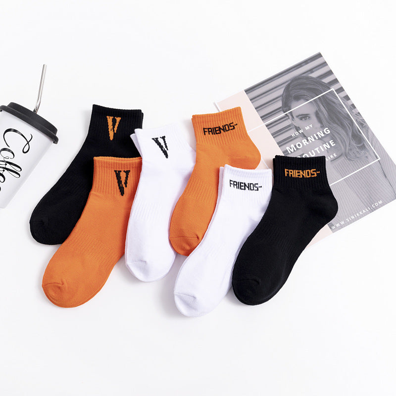 V Lone Socks Black Orange Large V-Shaped Boat Socks Spring and Summer Cotton Sports Hip-Hop