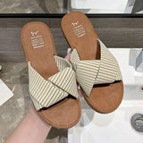 Women Open Toe Sandals Flats Summer Slippers Fashion Outerwear Cross Striped Sandals