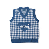 Men Sweater Vest Love Embroidered Plaid Knitted Waistcoat Men's Loose V-neck Vest Sleeveless Sweater Coat