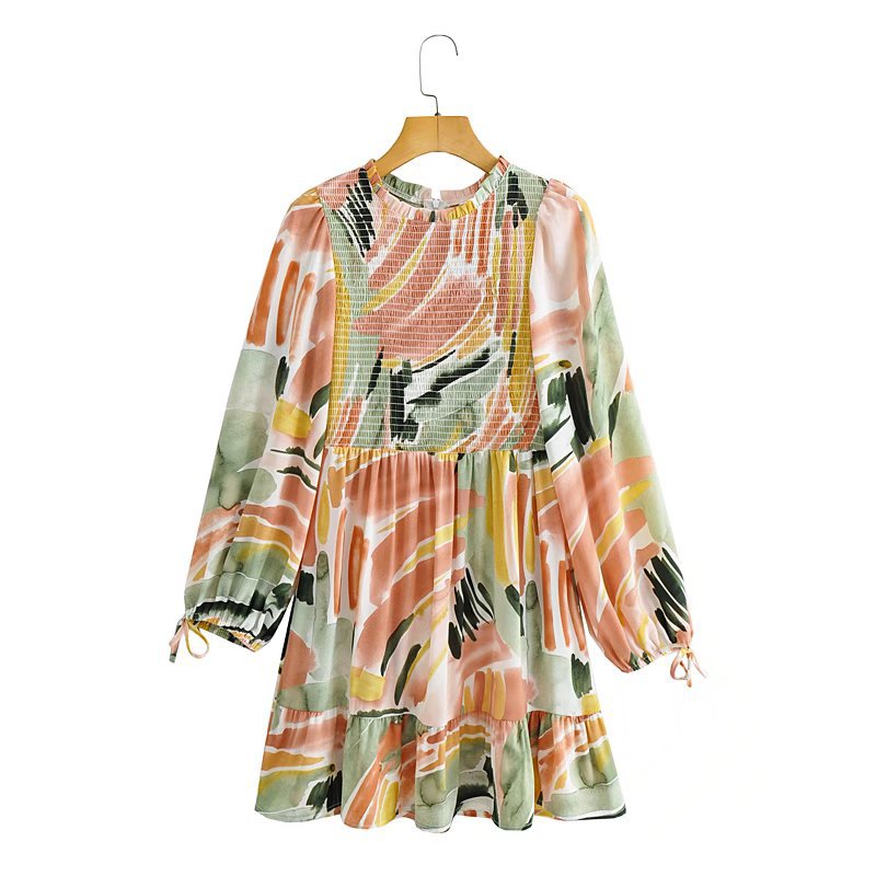 Women Fall Fall Outfits Autumn Ink Print Long Sleeve Dress Elastic Backless Skirt