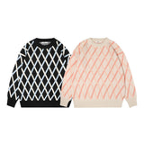 Mens Fall Outfits Contrast Color Check round Neck Sweater Men's and Women's Loose Couple Pullover Sweater