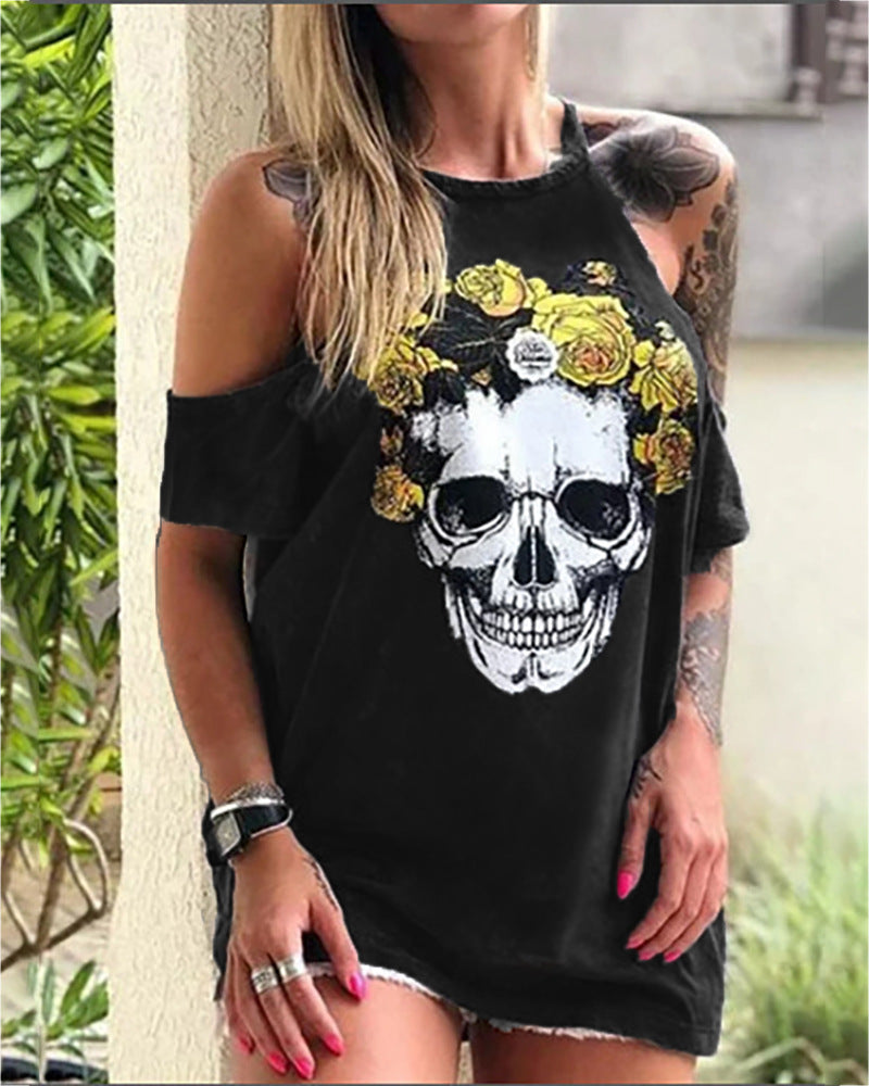 Skull Dress Loose off-Shoulder Skull Printed One-Print T-shirt