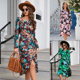 Nina Parker Graffiti Dress Fashion Floral Print Slit Long Sleeve Dress