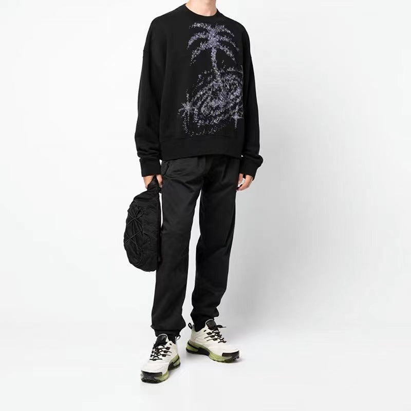 Palm Angels Sweatshirts Coconut Tree Printing Plus Velvet Round Neck Long Sleeve Sweater Men 'S Coat