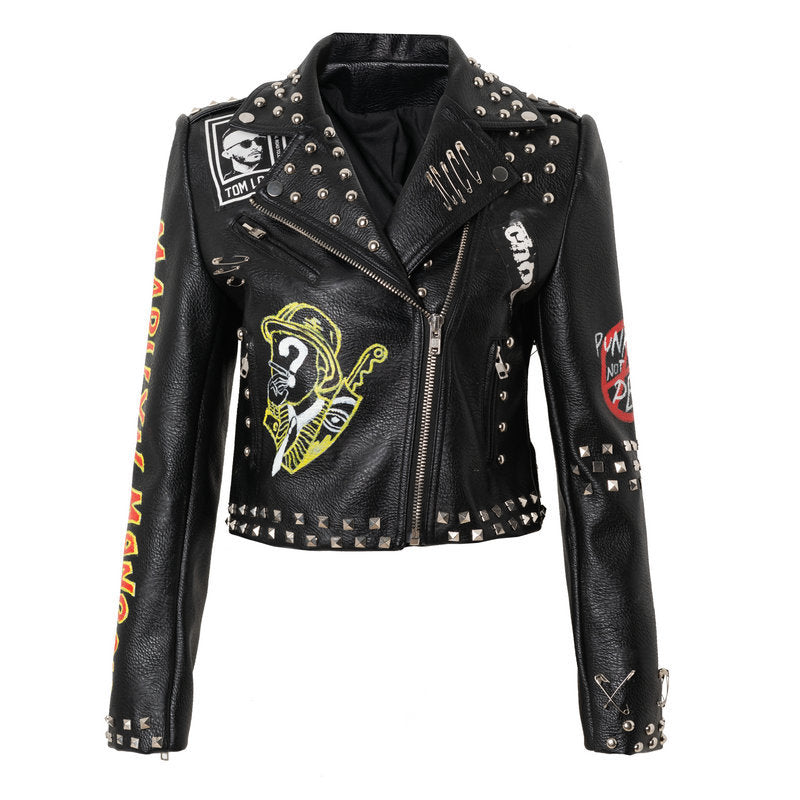 Women Leather Jacket Biker Motorcycle Coat Printed Contrast Color Jacket Motorcycle Leather Coat Female Suit Collar Coat