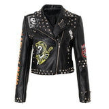 Women Leather Jacket Biker Motorcycle Coat Printed Contrast Color Jacket Motorcycle Leather Coat Female Suit Collar Coat