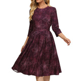 Mauve Dress Spring and Summer Dress Vintage Printed Round Neck Slim Fit Formal Mid-Length Dress