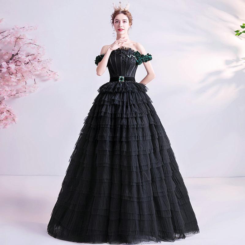 Women'S Evening Dress Ball Gown Princess Quinceanera Wedding Dresses Princess Puffy Cake Dress Off-Shoulder Black Evening Dress
