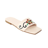 Flat Dress Sandals Low Heel Embroidered Flower Cutout Square Toe Sandals