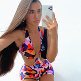 Spring Sleeveless Backless Sexy Bikini Printed Shorts Jumpsuit