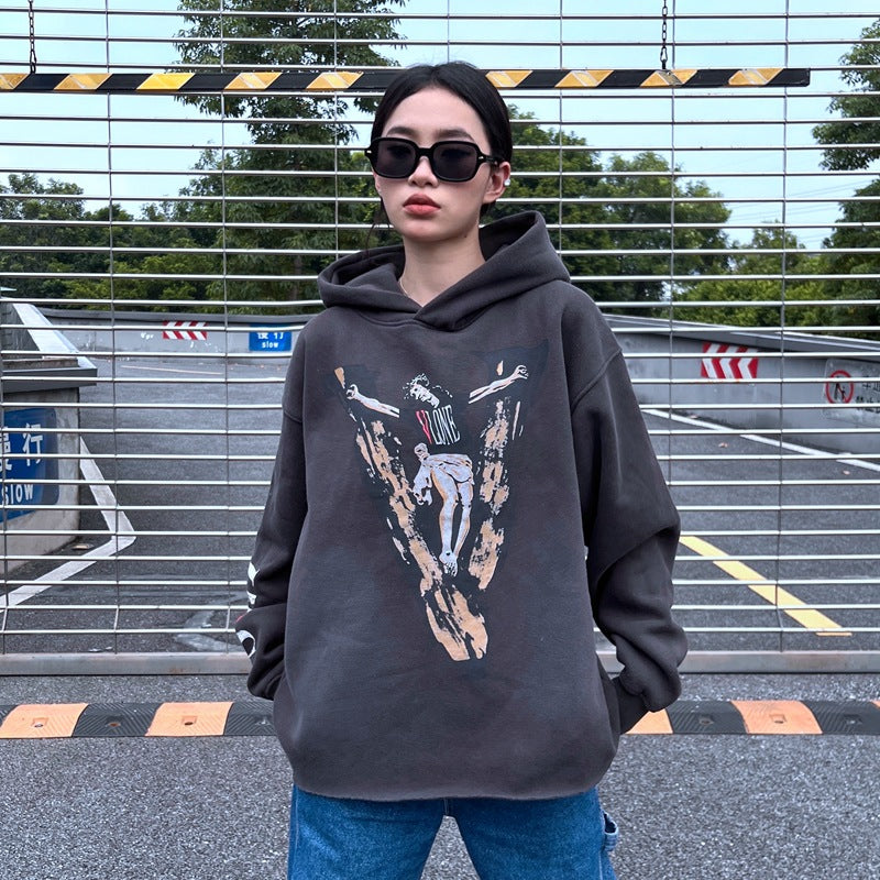 Saint Michael Hoodie Vlone Distressed Graffiti Hooded Fleece Lined Sweater