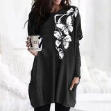 Skull Dress Casual round Neck T-shirt Printed Long Sleeve Pocket Loose Dress