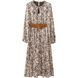 Emery Rose Dresses Autumn Crew Neck Floral Tight Waist Lace-up Dress
