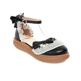 Flat Dress Sandals Spring Retro Round Head Thick Bottom Bow Buckle Sandals for Women