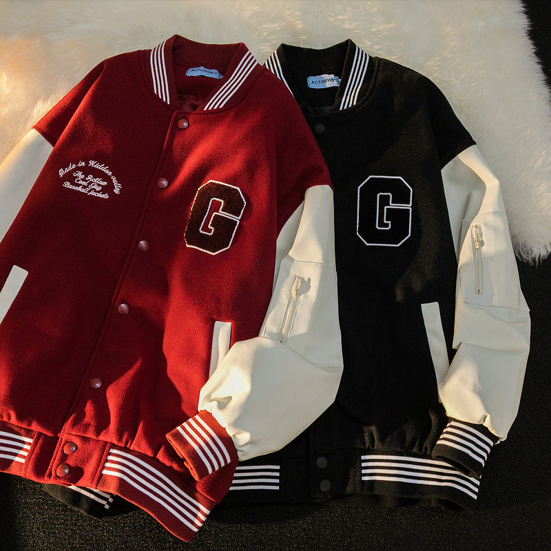 Black Varsity Jacket Oversize Baggy Coat Men's and Women's Jacket Autumn Baseball Uniform