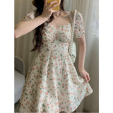 Aesthetic Dress Spring/Summer Gentle Floral Skirt Elegant Dress Women's Square Collar High Waist