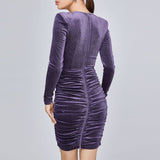 Women Spring Dress Stretch Long Sleeve Velvet Pleated Cinched Bodycon Hip Skirt Shoulder Cotton Hip Lifting Group