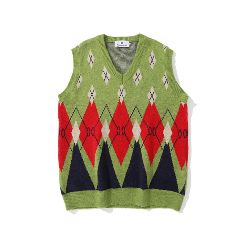 Men Sweater Vest Color Block Jacquard Sweater Vest Coat Men's Loose V-neck Sleeveless Coat Sweater Vest