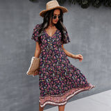 Emery Rose Dresses Printed Dress Spring/Summer V-neck Short Sleeve Bohemian Style