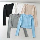 Women Fall Fall Five-Color Small V-neck Long Sleeve T-shirt Slim-Fit Crop-Top