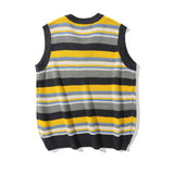 Men Sweater Vest Mixed Color Stripe V-neck Sweater Vest Men's Loose Sleeveless Sweater Idle Style Waistcoat Vest