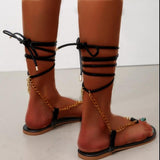 Women Open Toe Sands Flats Plus Size Summer Casual Metal Chain Cross Strap Sandals