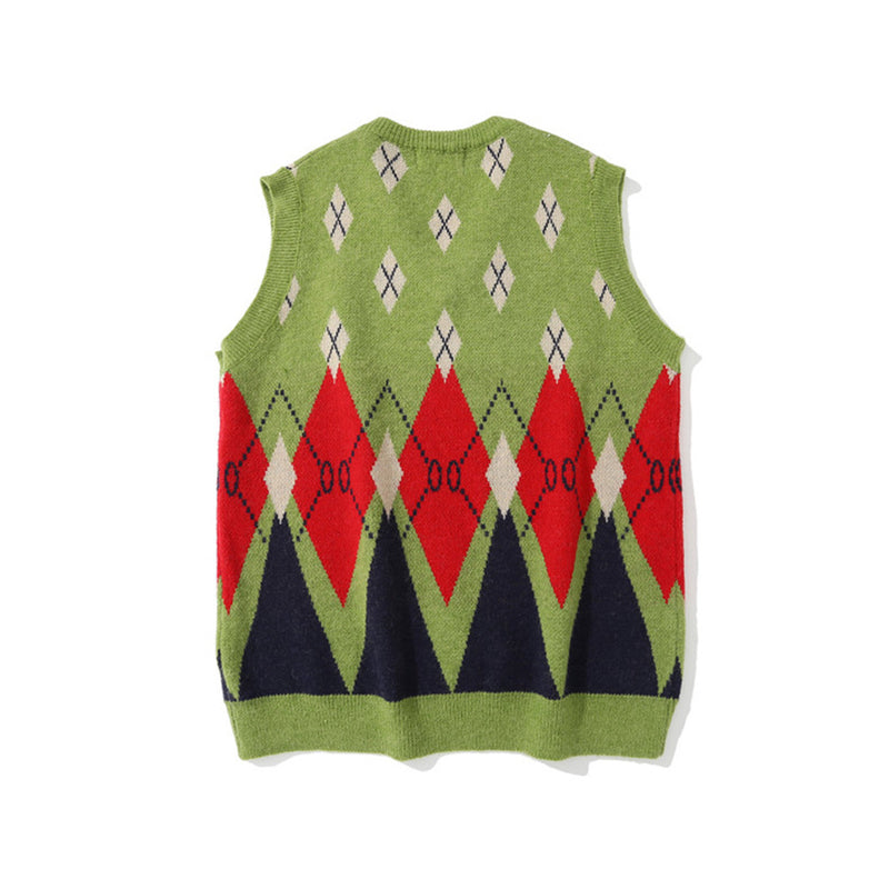 Men Sweater Vest Color Block Jacquard Sweater Vest Coat Men's Loose V-neck Sleeveless Coat Sweater Vest
