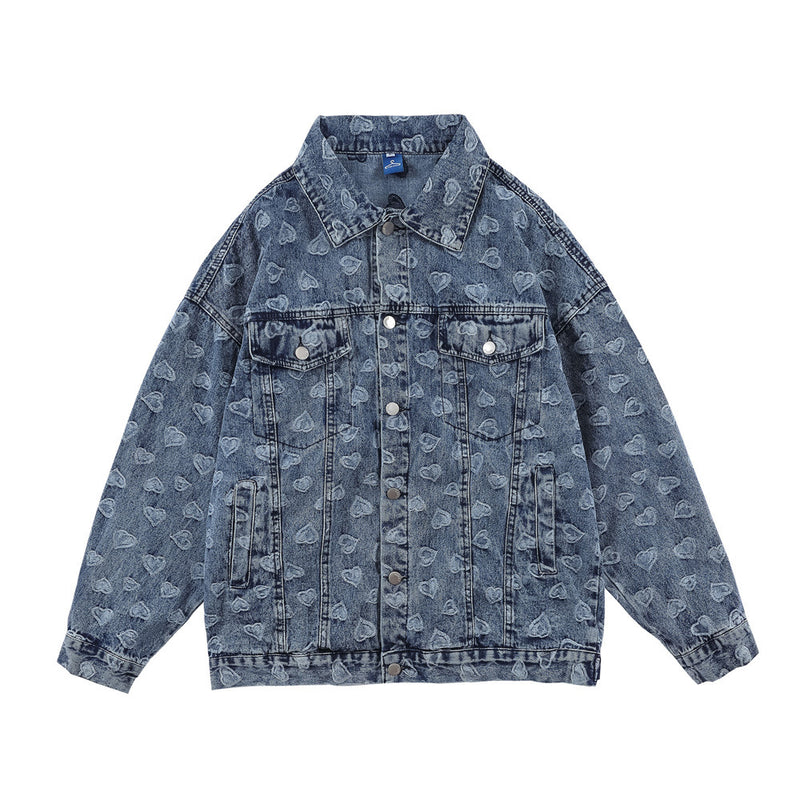 Men Denim Coat Jean Jackets Jacquard Washed Denim Jacket Men's Loose Lapels Workwear Jacket Top
