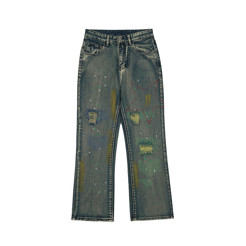 Mens Fall Outfits Jeans Loose Wash Distressed Straight-Leg Pants Street Graffiti Style Trousers I Pants Men
