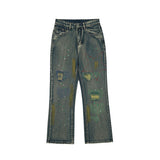 Mens Fall Outfits Jeans Loose Wash Distressed Straight-Leg Pants Street Graffiti Style Trousers I Pants Men