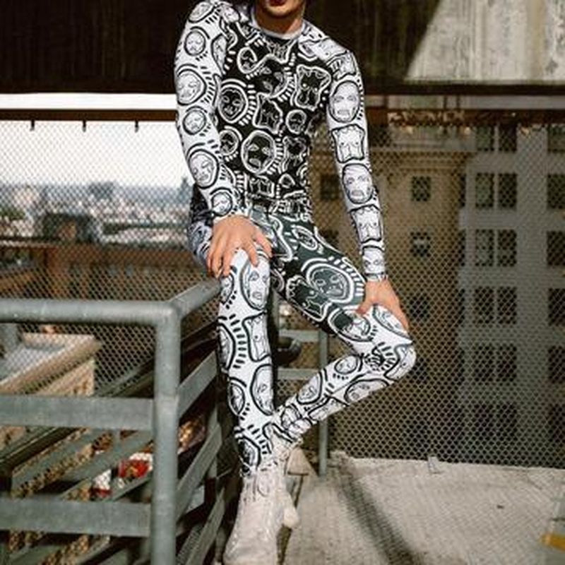 Rave Outfits Mens Shorts 2 Piece Set Long Sleeve Stretch-Fit T-shirt Sexy Print Casual