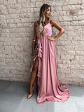 Mauve Dress Summer Fashion Sexy Solid Color And V-neck Pleated Sling Long Irregular Dress