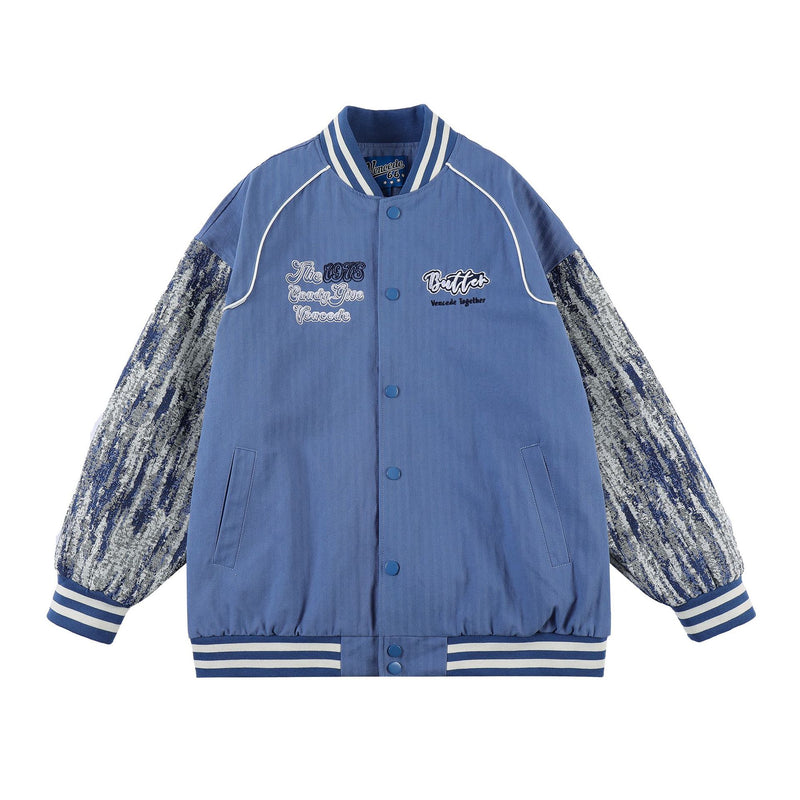 Baby Blue Varsity Jacket Vintage Embroidery Contrast Color Baseball Uniform for Men Spring and Autumn Coat