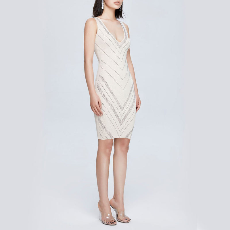 Women Spring Dress Tight Waist V-neck Rhinestone Sleeveless Short Dress