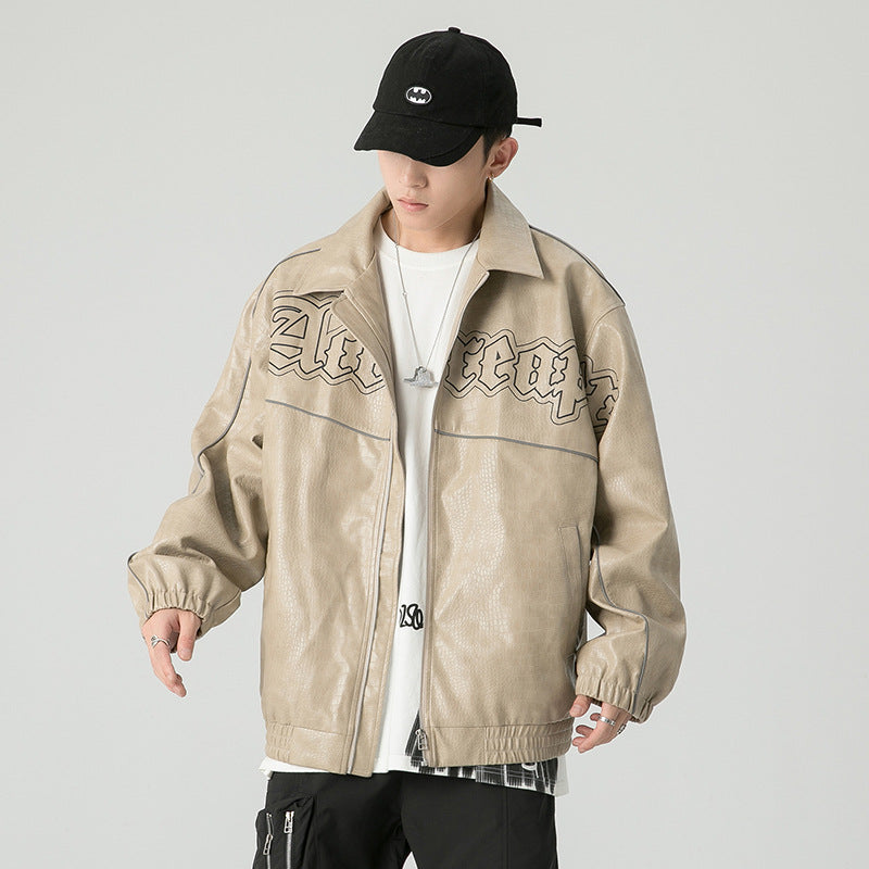 Beige Varsity Jacket Coat Men's Clothing Boys Autumn Jacket Leather Coat Men