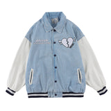 Baby Blue Varsity Jacket Vintage Baseball Uniform Loose Stitching Denim Jacket Spring and Autumn
