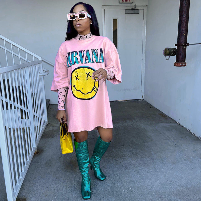 Smiley Face T Shirt Loose Letter Print Sports Casual Smiley Face Short Sleeve