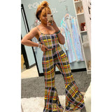 Women Plaid Catsuit Women Checkered Jumpsuit Summer Women's Casual High Waist Slim Fit Plaid Suspender Jumpsuit Bell-Bottoms