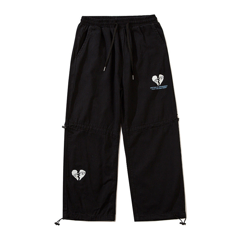 Mens Fall Outfits Heart Printing Wide Leg Sports Trousers Men's and Women's Loose Cargo Casual Pants