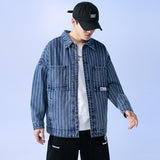 Denim Varsity Jacket Vintage Stripe Denim Jacket Men Oversize Baggy Casual Jacket