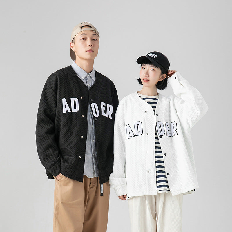 White Varsity Jacket Autumn Hip-Hop Street V-neck Jacket Embroidered Loose Baseball Clothing Jacket for Men