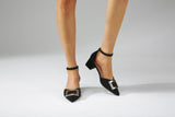 Nude Strappy Block Heels Autumn Square Buckle Thick Mid Heel Pointed Toe Large Size Shoes