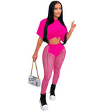 See through Pants Suit Summer Fashion Women's Wear Solid Color Short Sleeve Sexy Women's Clothing
