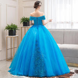 Women's Evening Dress Ball Gown Princess Quinceanera Wedding Dresses Lake Blue Off-Shoulder Evening Gown Pettiskirt