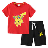 Children Pokemon Pikachu Hoodie T-shirt Shorts Two-Piece Suit Cotton
